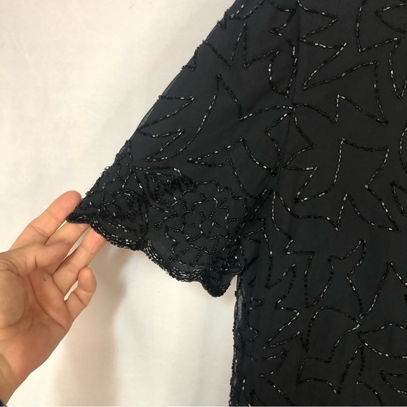 JMD Women’s Top Vintage Sequins Beads Short Sleeve Silk Shoulder Pads - Picture 3 of 8